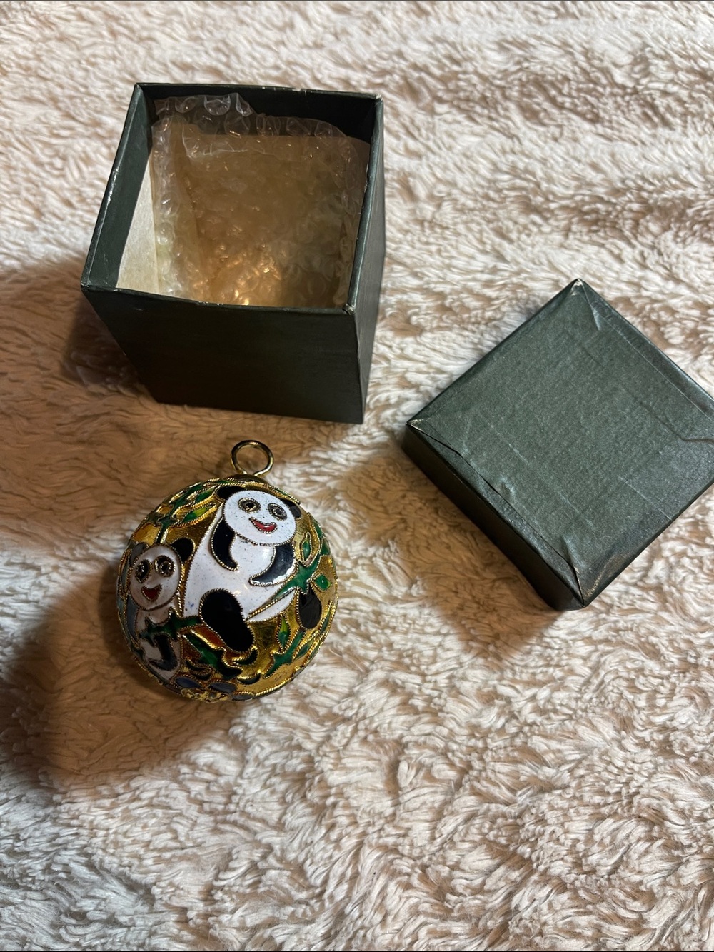 Hand-Painted Panda vintage Cloisonné Ornament in Green and Gold